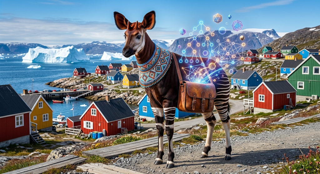 A Kalaallit village with an illustrated antelope carrying a glowing morphology network
